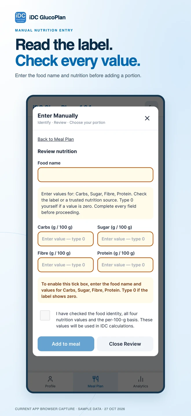 iDC GlucoPlan: manual nutrition entry — sample data