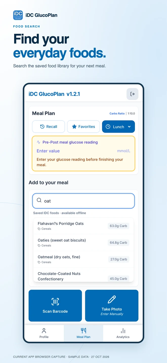 iDC GlucoPlan: food search — sample data