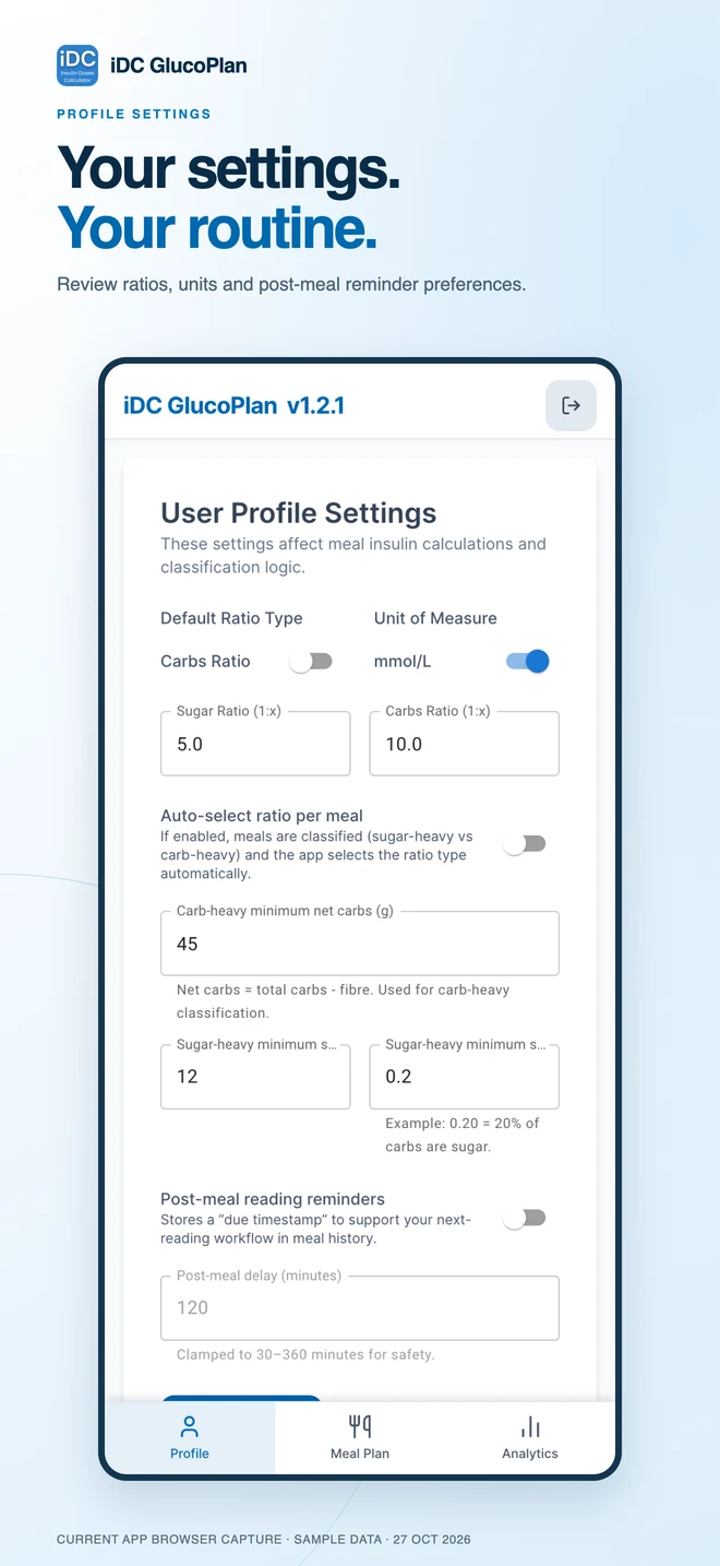iDC GlucoPlan: profile settings — sample data